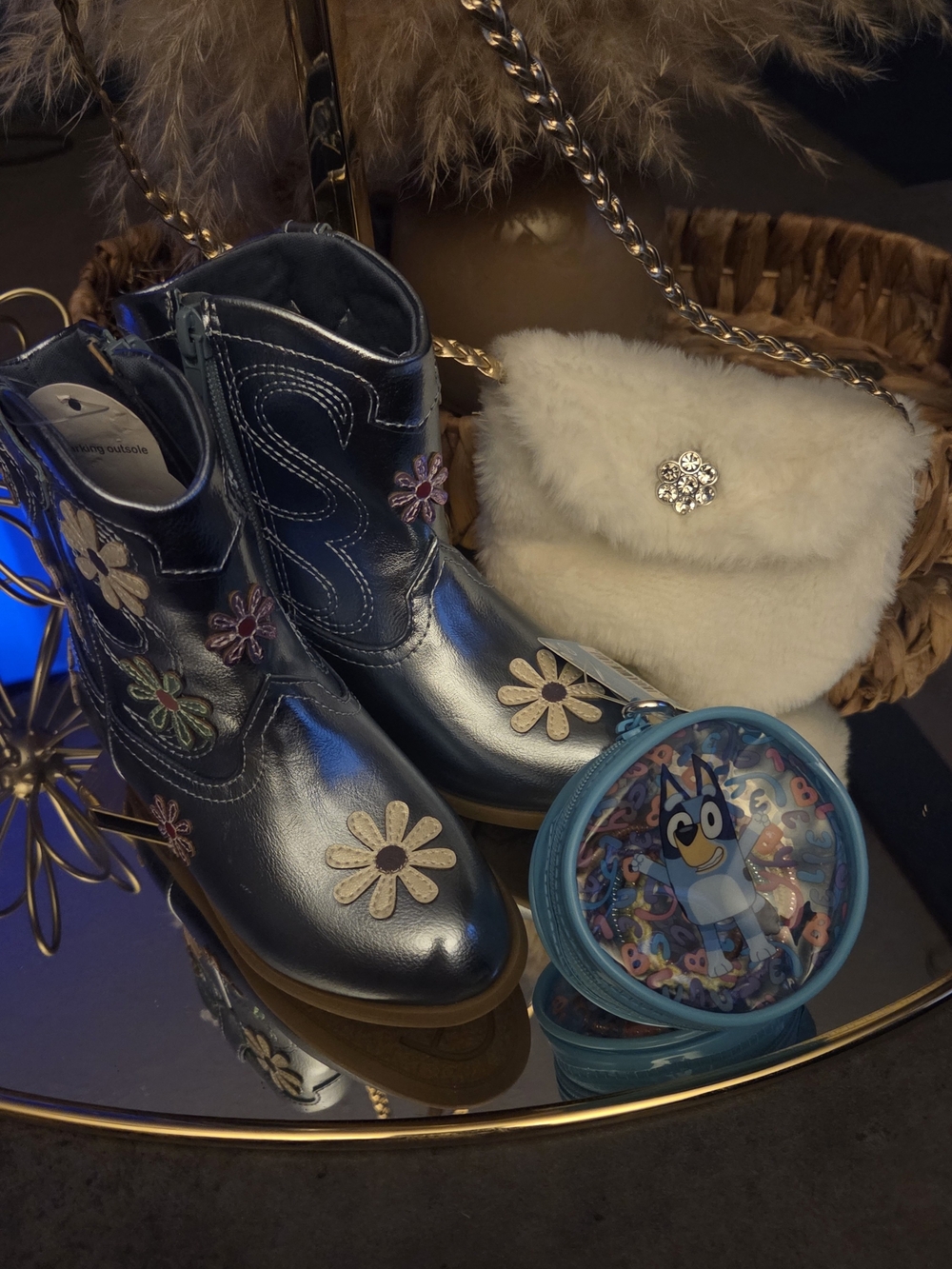 3fer Bundle Girls Western Cowgirl Boots + Faux Fur Mini Bag + Bluey Coin Purse
